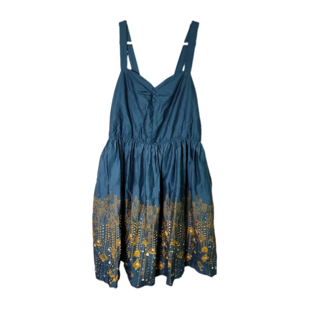 Lindy Bop Bambi Dress US 14 UK 18 Teal Blue Gold City Lights Border Print 1950s